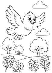 Coloring book  pigeon flying over a blooming flower field with trees and clouds