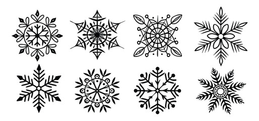 A collection of eight unique black and white decorative snowflake designs for winter holiday season illustration.