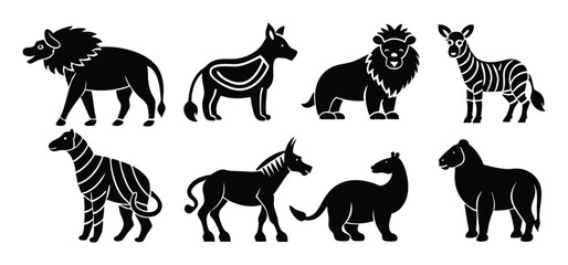 Black and white vector illustration depicting a collection of stylized african savanna animals including lion and zebra.