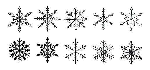 Collection of hand-drawn winter snowflake illustrations featuring different intricate designs suitable for holiday decoration or creative projects.