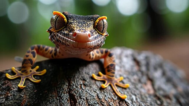 Close-up of a gecko with vibrant orange and black markings perched on dark wood.  Soft-focus green background