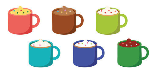 Colorful cartoon illustration of six mugs filled with flavored beverages featuring whipped cream and sprinkles on top.