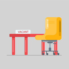 flat illustration with empty employee chair and paper containing vacancy writing, orange chair and red table