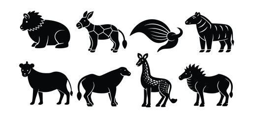Fototapeta premium Simple and stylized black silhouettes of diverse animals including lion donkey zebra giraffe and others on white background.