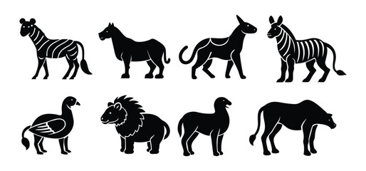 Stylized african wildlife animal silhouette vector set featuring zebras, lions, sheep, and other various fauna elements
