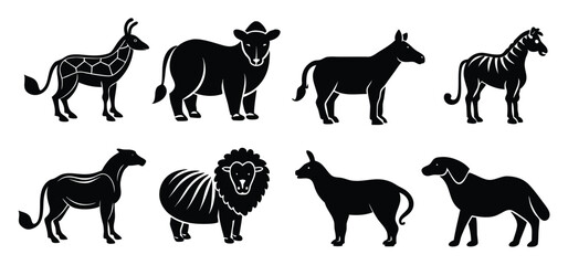 Stylized collection of various black animal silhouettes including giraffe cow horse zebra sheep and dog illustrations
