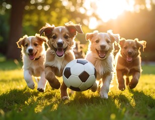Playful puppies chasing a soccer ball