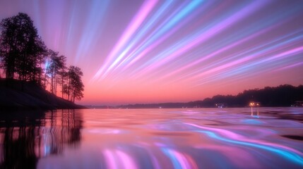 Colorful sunset over water with streaks