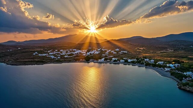 Sunset over Paros Island showcasing radiant sun rays and tranquil waters from an aerial perspective, Greek island Paros sunset aerial view Sun rays through sky clouds and calm sea