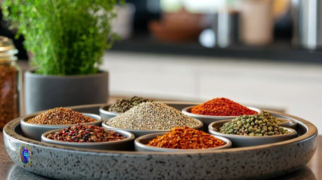 Colorful array of kitchen spices displayed on a tray in a modern home kitchen, kitchen spices on a tray