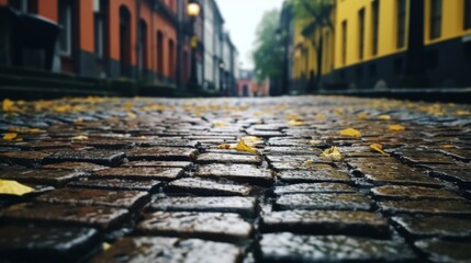Evenly arranged paving stones glimmering with rainwater after a refreshing shower