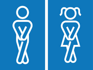 The image shows two stick figures (a boy and a girl) standing with crossed legs and hands in front, both clearly needing to use the restroom urgently