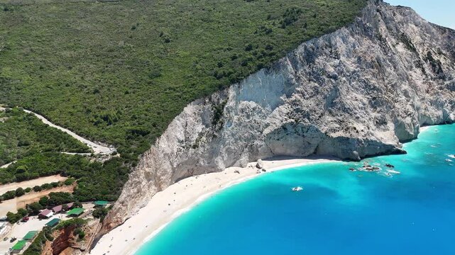 Aerial footage of Porto Katsiki, showing the beautiful sandy beach, sheer cliffs and turquoise sea. Lefkada island, Greece.