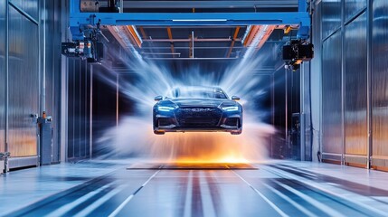 Fototapeta premium Wind tunnel model of a vehicle undergoing aerodynamic simulation in an automotive lab