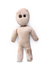 Creepy voodoo doll made from old cloth vintage style isolated on white background.