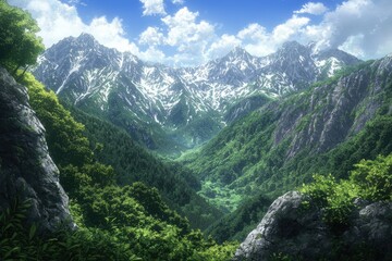 Obraz premium Lush valley nestled between snow-capped mountains.