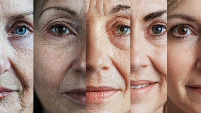 Aging faces, diverse skin textures, wrinkles, and expressions