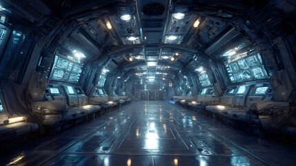 retro advertisement for interstellar tourism | man-and-machine unity | mission-focused calm | deep blues and silver | central spacecraft framing | control panel arrays | metallic surface glow |