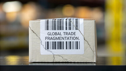 A cardboard box with a barcode label reads "GLOBAL TRADE FRAGMENTATION." The box appears cracked, symbolizing issues in global commerce.