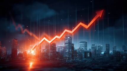 Economic risk concept. A vibrant city skyline at night with an upward-trending red graph arrow symbolizing economic growth and success.