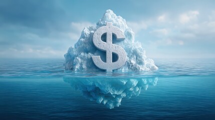 Economic risk concept. A large dollar sign made of ice sits atop an iceberg floating in the ocean, symbolizing hidden financial risks or value beneath the surface.