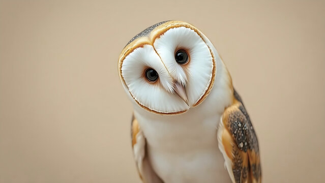 Charming Barn Owl portrait with inquisitive head tilt on plain background, ideal for wildlife, education, or cute animal themes