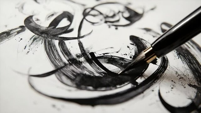 Intricate ink swirls on paper,  a dynamic display of calligraphy