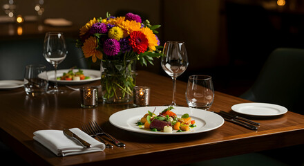 Fototapeta premium Formal dining table setting with colorful bouquet and plated meal