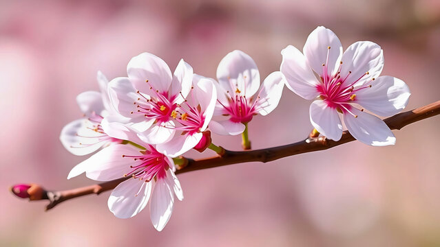 Beautiful pink spring Prunus serrulata blossoms (cherry/sakura) on branch with soft bokeh background, perfect for seasonal, beauty, print or romantic themes