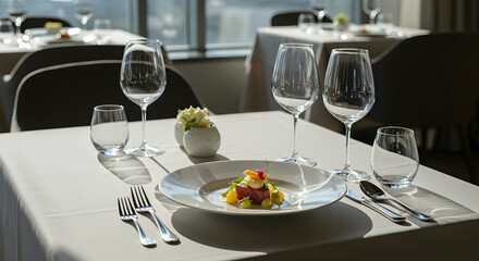 Elegant restaurant table setting with culinary dish