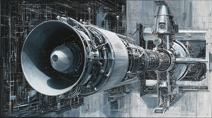 educational chart on rocket anatomy | humanitys mechanical future | rational detachment | metallic greys and cyans | parallel plane layout | hyperspace engines | reflected starfields | instrumental