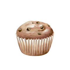 Chocolate chip muffin illustration. Tasty sweet baked pastry dessert, perfect for bakery menus, food packaging, cafe branding, and breakfast-themed designs. Isolated and suitable for digital print use