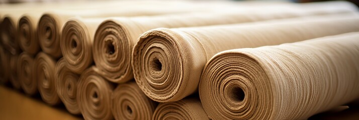 Close up of towels neatly rolled and wrapped with jute twine, each tagged for presentation