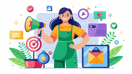Woman with megaphone and marketing elements illustration