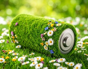 Battery covered in grass and flowers