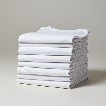 Stack of neatly folded white graphic tees, isolated for fashion or retail concepts.