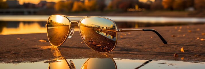 Gold aviator sunglasses capturing cityscape reflections at golden hour for a stunning view