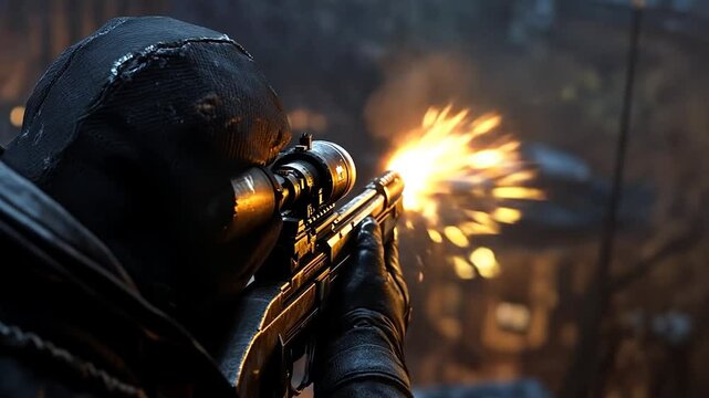Close-up view of a person in dark clothing firing a rifle at night.  Warm-toned muzzle flash and blurred city lights in the background