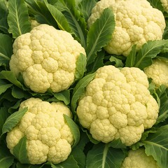 Fresh, vibrant cauliflower heads nestled in rich green leaves&mdash;perfect for health, nature, or farm-themed designs. Bring natural freshness to your visuals&mdash;download this image now!
