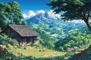 A rustic wooden house nestled in a lush valley beneath a snow-capped mountain.