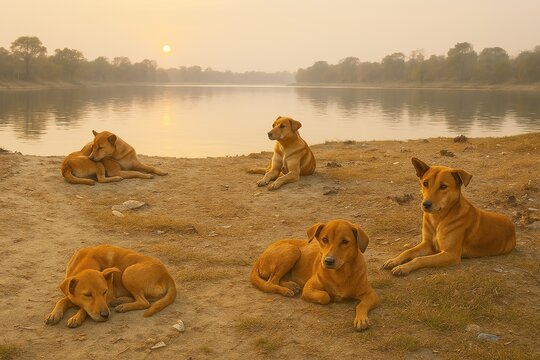 A serene pack of dogs resting by a tranquil riverside at sunset—pure peace and companionship in one frame. Capture the calm and warmth. Download this heartwarming image now on Adobe Stock!
