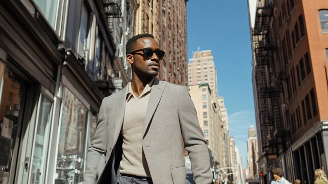 Stylish man confidently walking through the vibrant streets of New York City