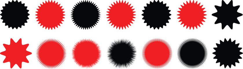 Set of red. color. sunburst sticker and sale sticker. Price tag, starburst, quality mark, sunburst badges. Circle sticker set. Wavy edge promo red badges. Star burst shape tags for price. 