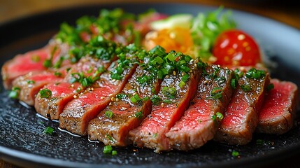 Sliced rare steak with herbs, vegetables and a flavorful glaze, presented on a plate