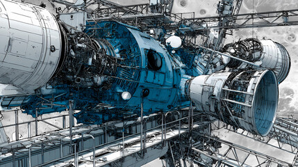 retro advertisement for interstellar tourism | machine elegance | scientific awe | metallic greys and cyans | central spacecraft framing | futuristic telescopes | engine cross-section view | precise