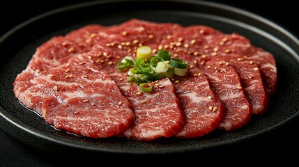 Sliced raw beef on a black plate, garnished with scallions and sesame seeds