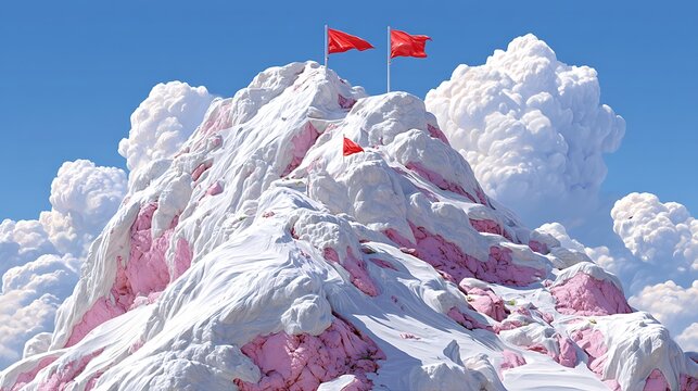 Snowy Mountain Summit with Red Flags Under Bright Blue Sky and Fluffy Clouds