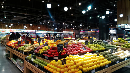 Fototapeta premium Colorful assortment of fresh fruits and vegetables neatly displayed in a contemporary supermarket aisle, showcasing healthy eating and grocery shopping concepts.