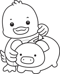 Lineart of Cute Duck icon. Outline of Funny baby Duck animal series stock illustration. life of fluffy Duck designs.