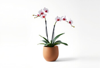 Fototapeta premium Elegant White Phalaenopsis Orchid in Terracotta Pot Indoor Plant Decor